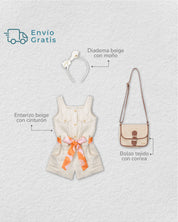 Total look con diadema, bolso y enterizo para niña.