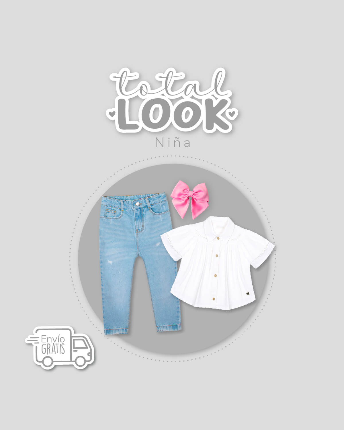 Total look con moño rosa, camisa y jean para niña