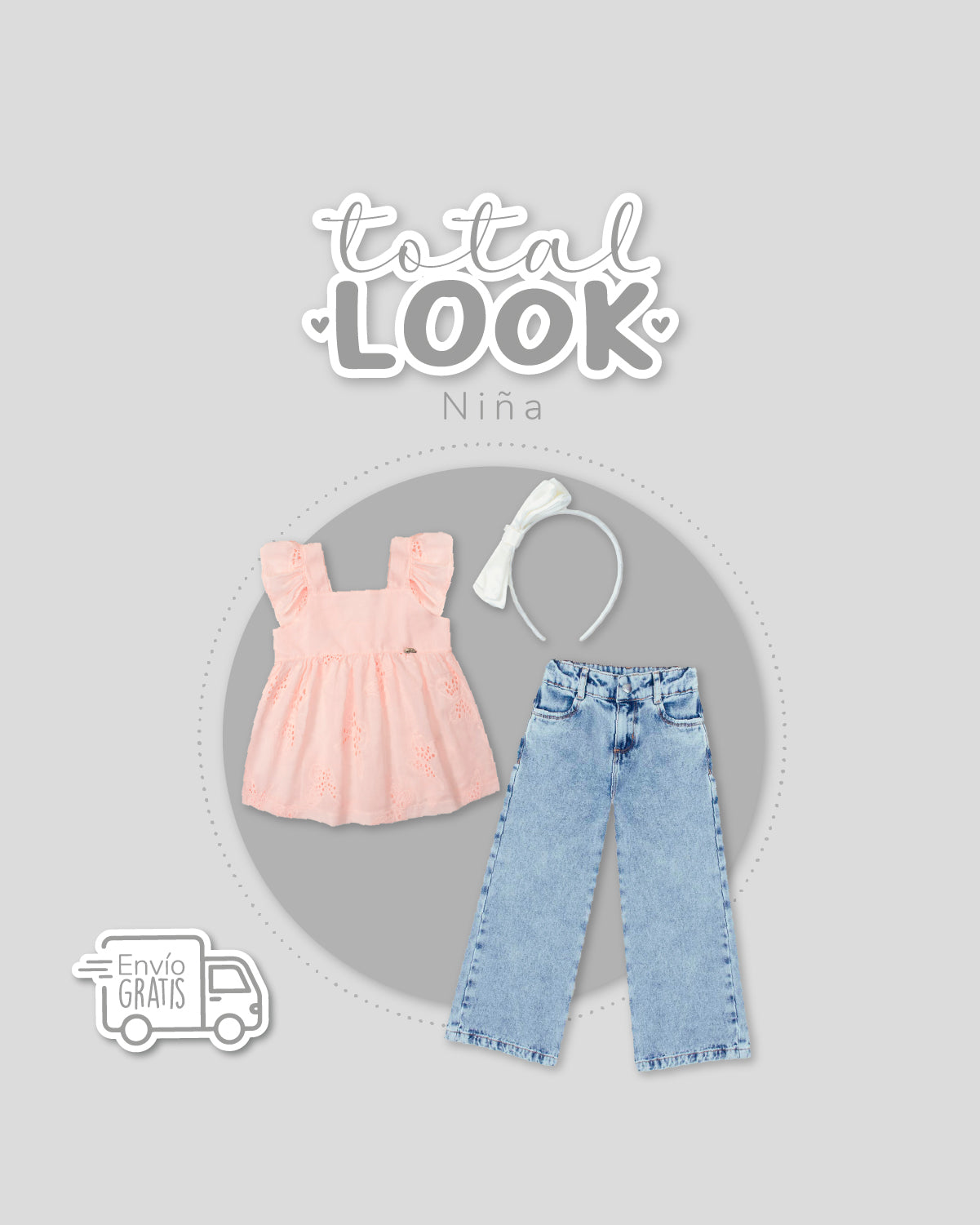 Total look con diadema, blusa y jean para niña