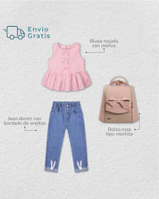 Total look de bolso, blusa y jean para niña.