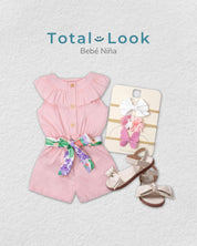 Total look de set de balaquitas, enterizo y sandalias para bebé niña.