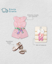 Total look de set de balaquitas, enterizo y sandalias para bebé niña.