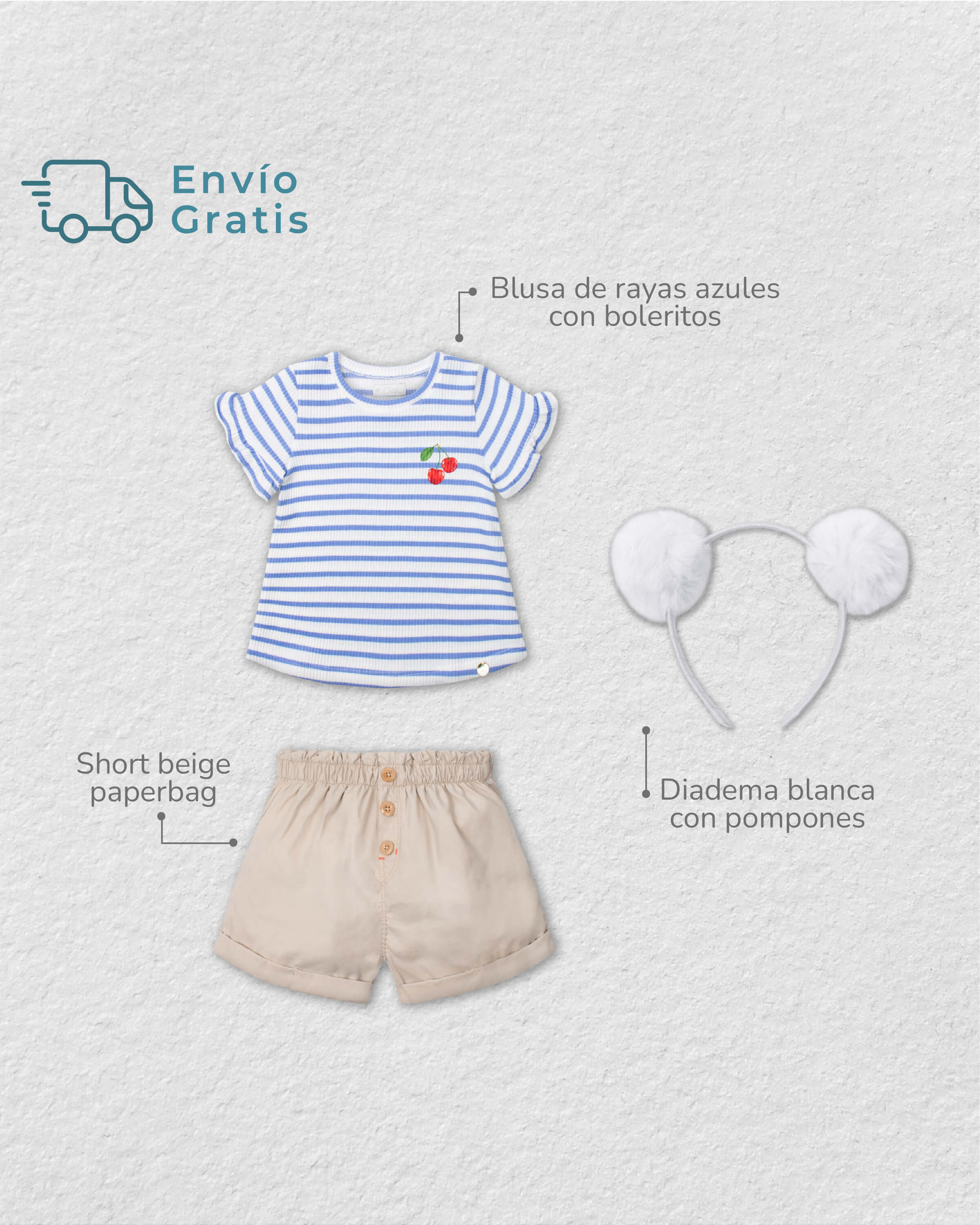 Total look con diadema, camisa azul y short para niña.