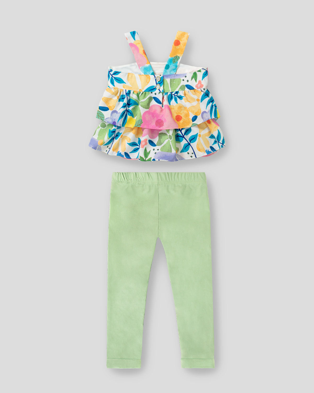 Conjunto blusa de flores con boleros y leggins verde para niña