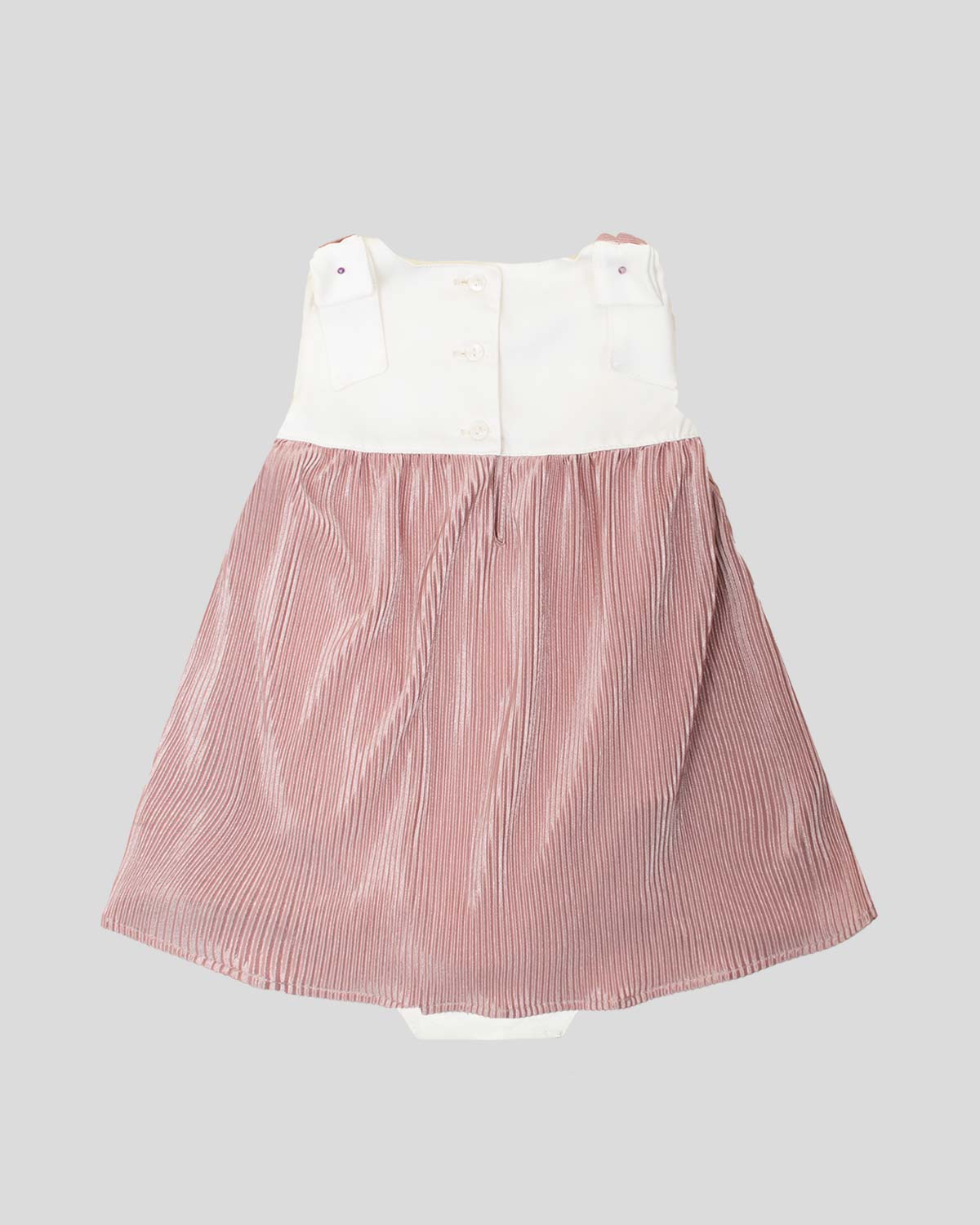 Vestido body blanco y palo de rosa en tela plisada con moño para bebé niña