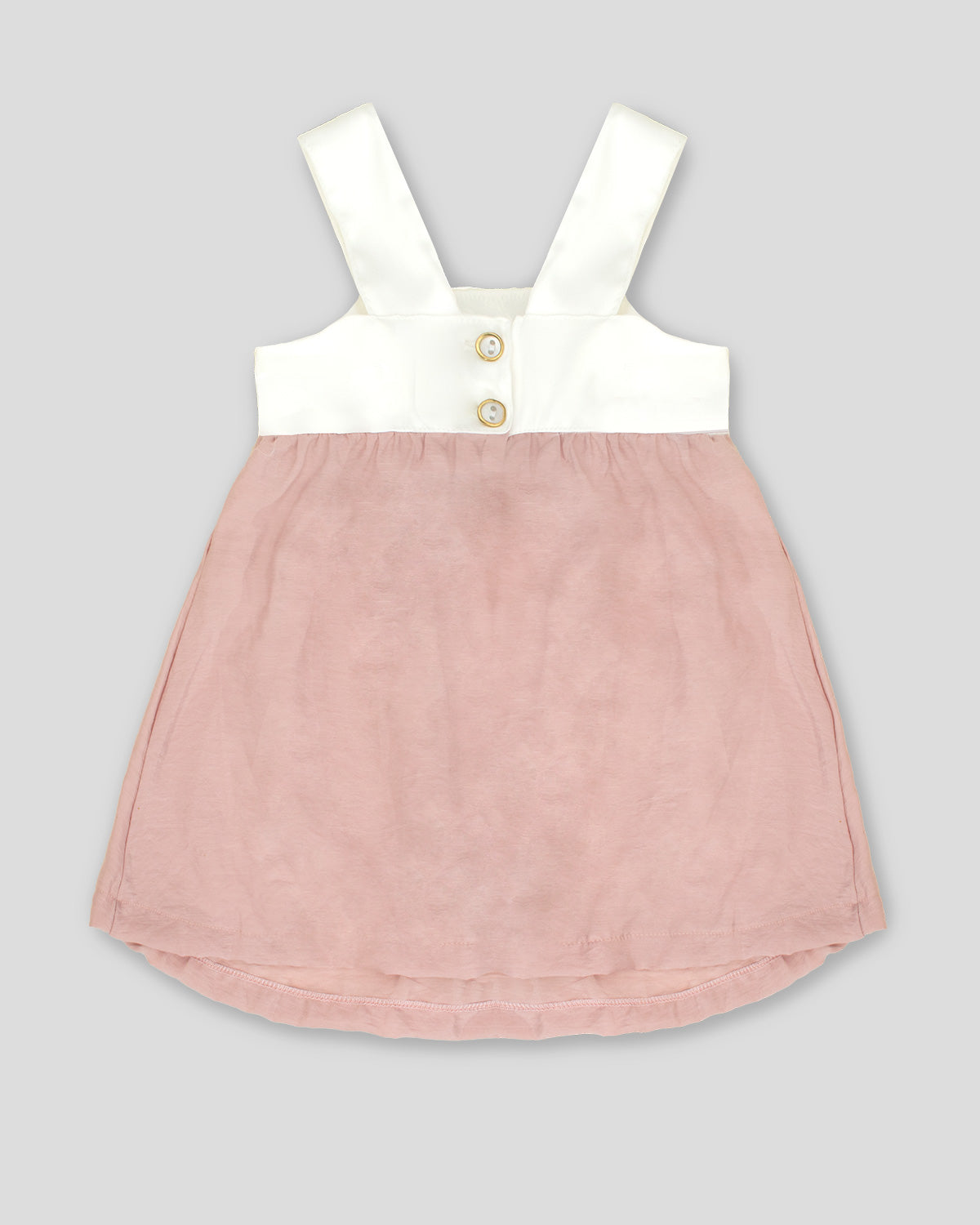 Vestido palo de rosa con moño y tiras blancas para niña