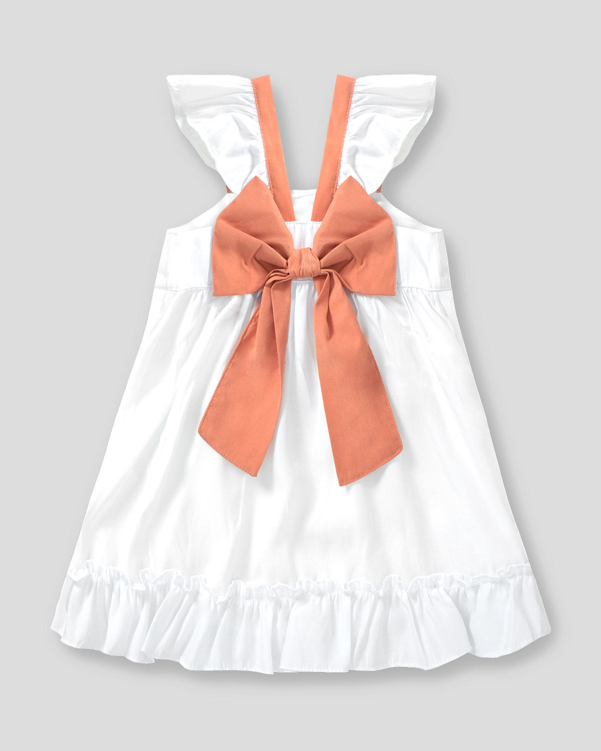 Vestido blanco de boleros con moño terracota en espalda para niña