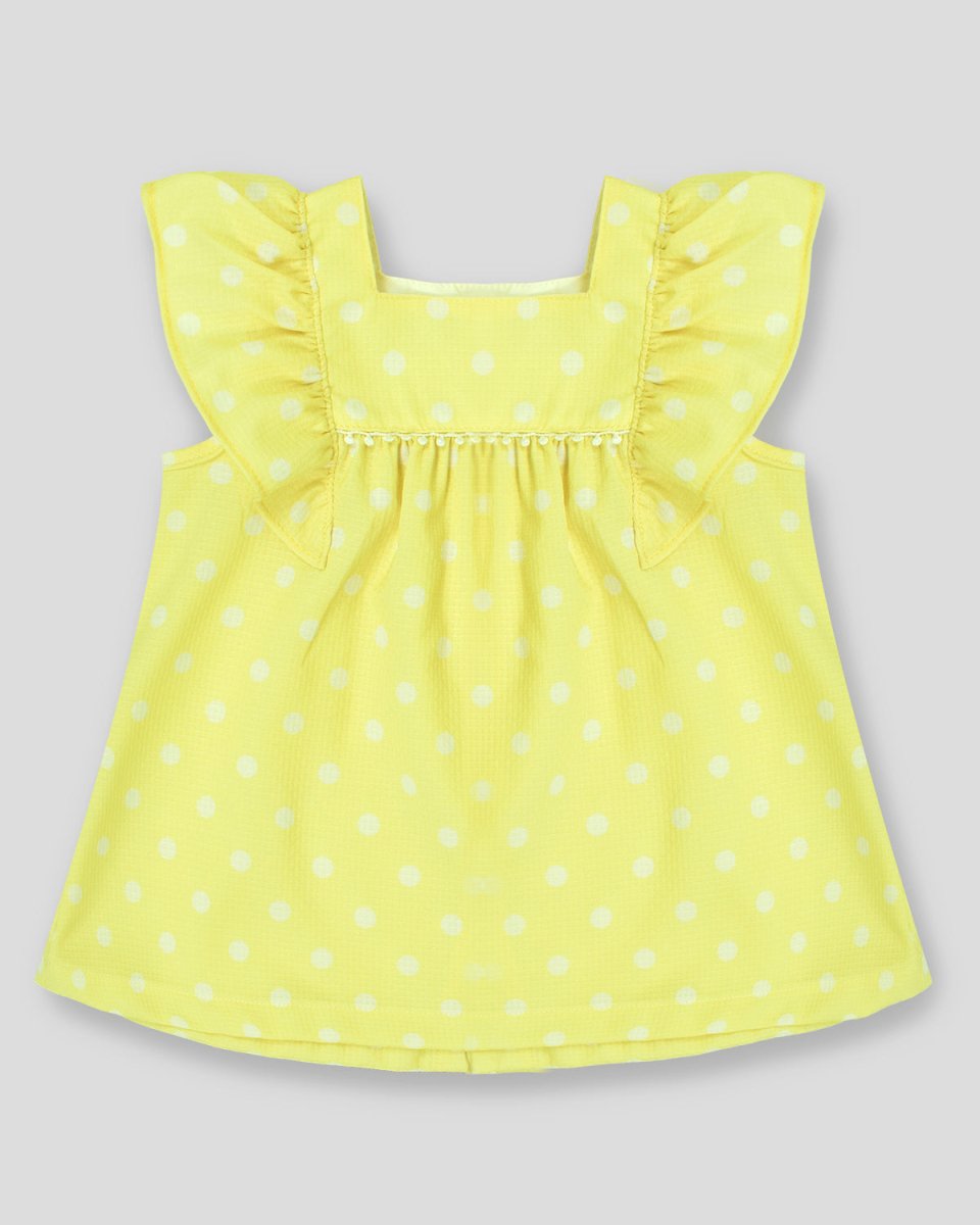 Blusa amarilla de lunares con boleros y botonadura en la espalda para bebe niña - Cielito