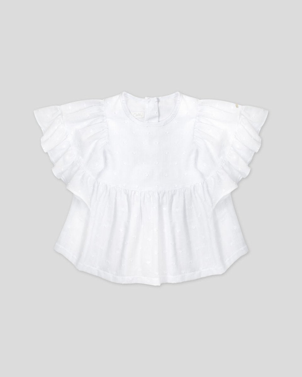 Blusa blanca con bolero en manga y botonadura en espalda para niña - Cielito