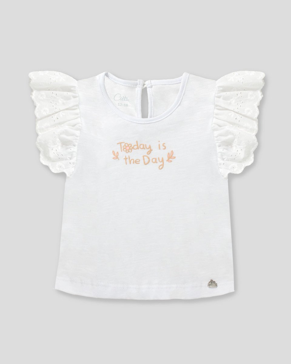 Blusa blanca con boleros en hombros de tela hoja rota para bebé niña - Cielito