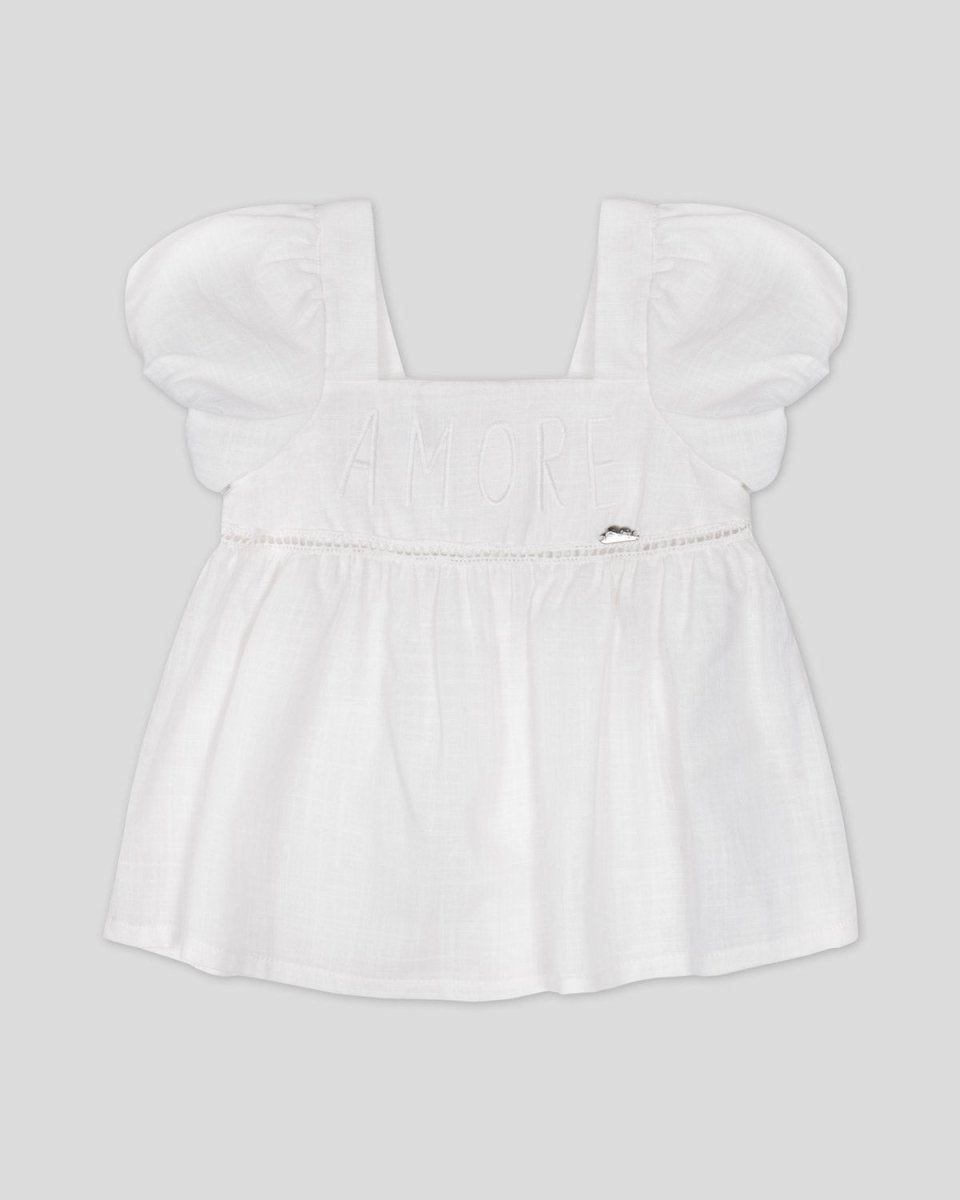 Blusa blanca con bordado y manga bombacha para niña - Cielito