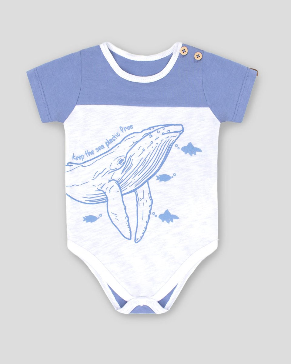 Body azul con estampado de ballena y botonadura en hombro para bebé niño - Cielito
