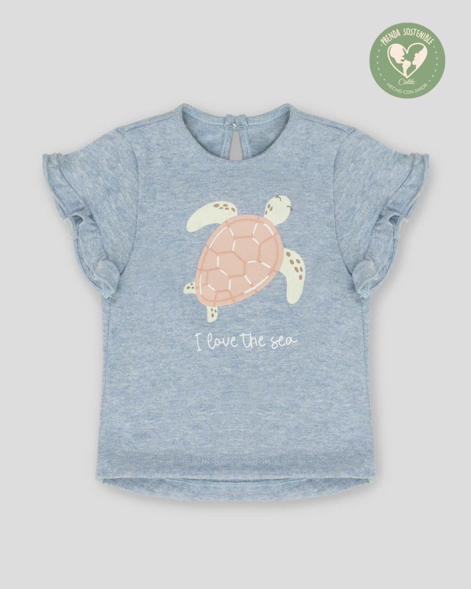Camiseta azul sostenible con estampado de tortuga para bebé niña - Cielito