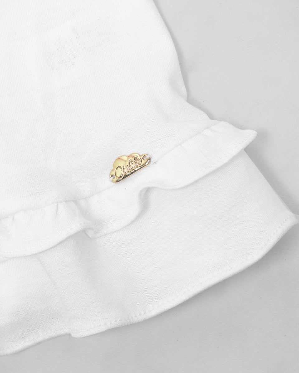 Camiseta blanca con flores bordadas, boleros y botones de madera para bebé niña - Cielito