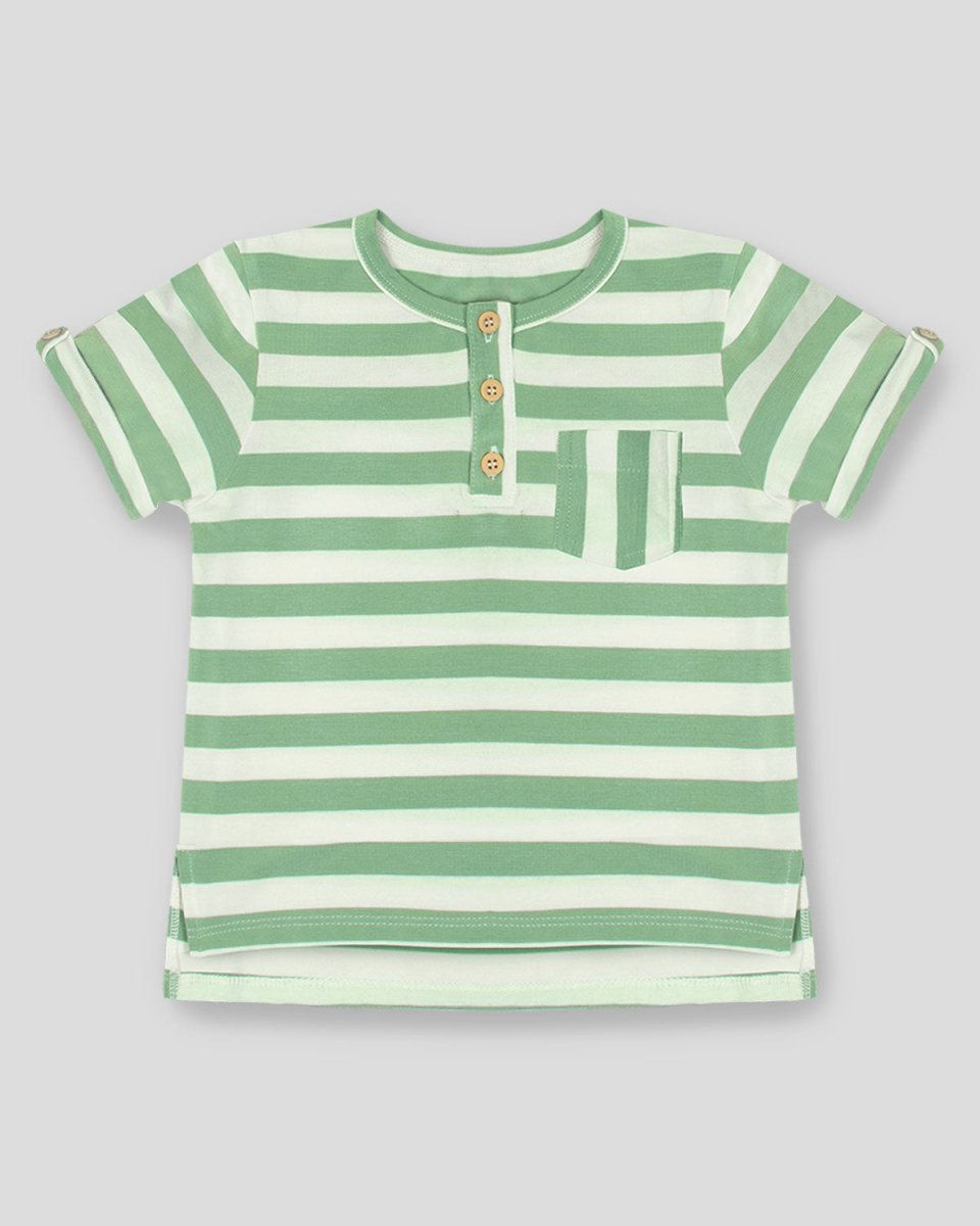 Camiseta de líneas blancas y verdes con bolsillo y botones cafés para bebé niño - Cielito