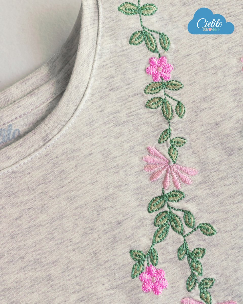 Camiseta gris con bordado de flores y boleros para niña - Cielito
