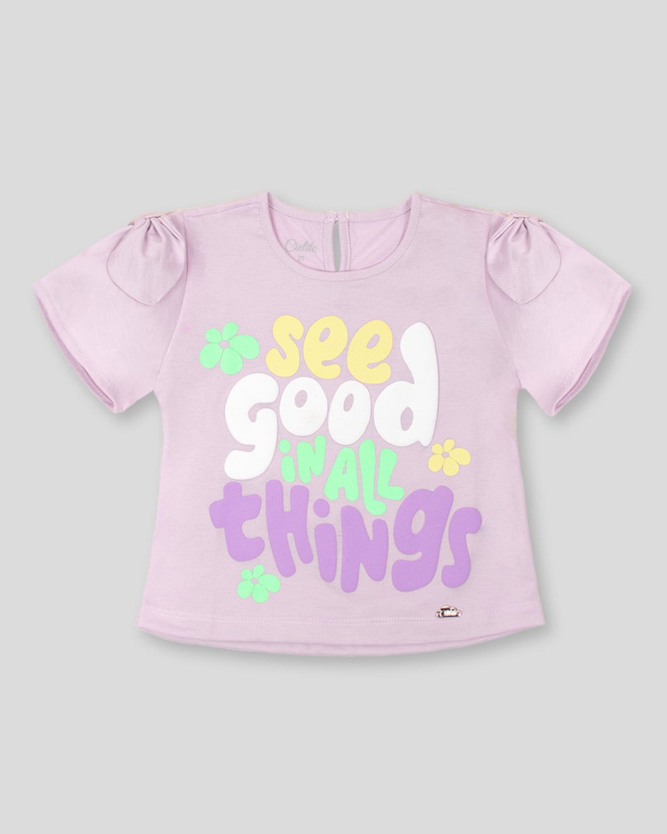 Camiseta lila con estampado y moño para niña - Cielito