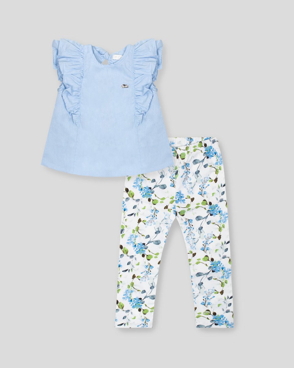 Conjunto blusa azul con boleros y leggins blanco con flores verdes y azules para niña - Cielito