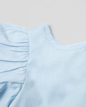 Conjunto blusa azul con boleros y moño blanco de flores para bebé niña - Cielito