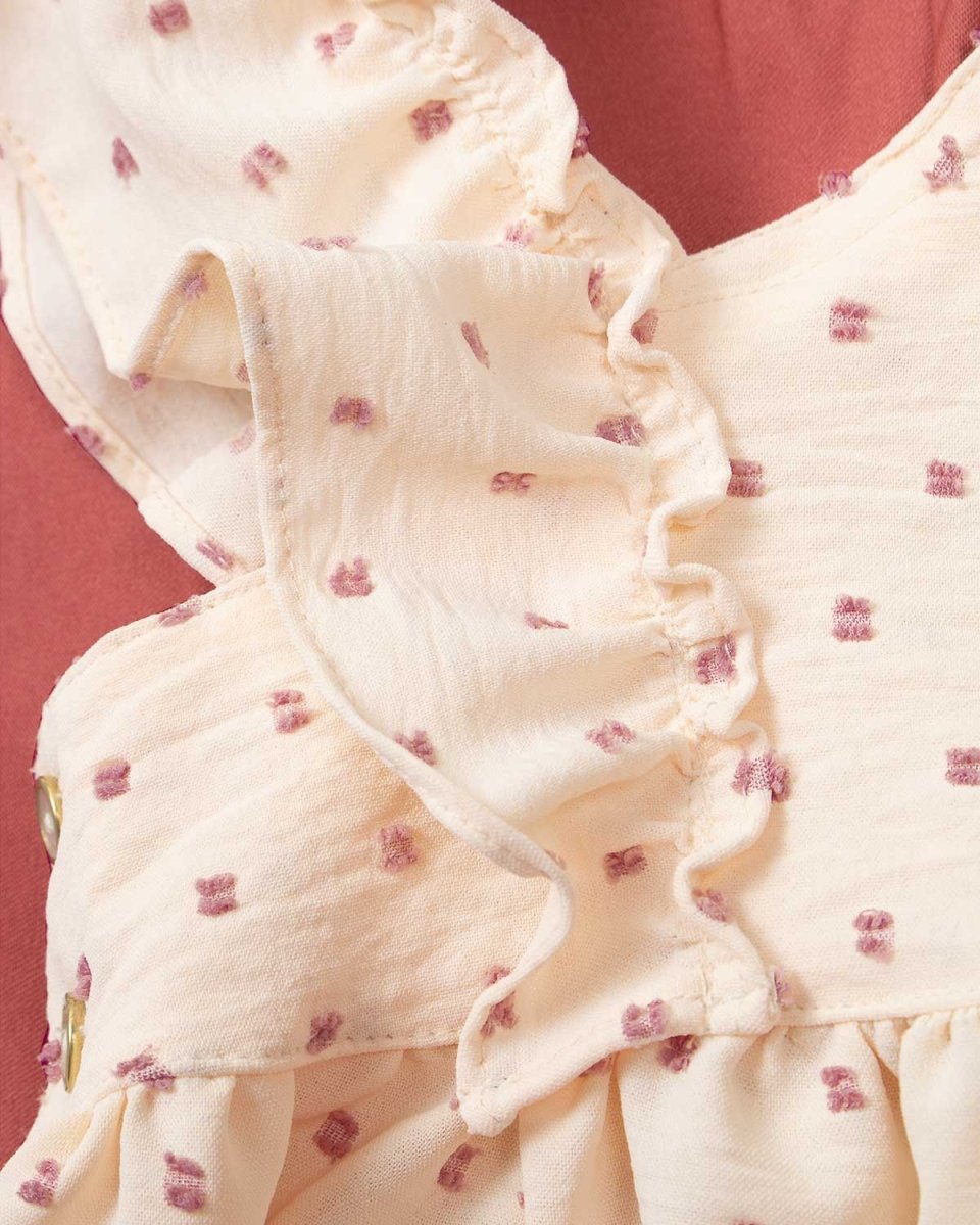 Conjunto blusa beige con puntos morados y boleros, leggins terracota para niña - Cielito