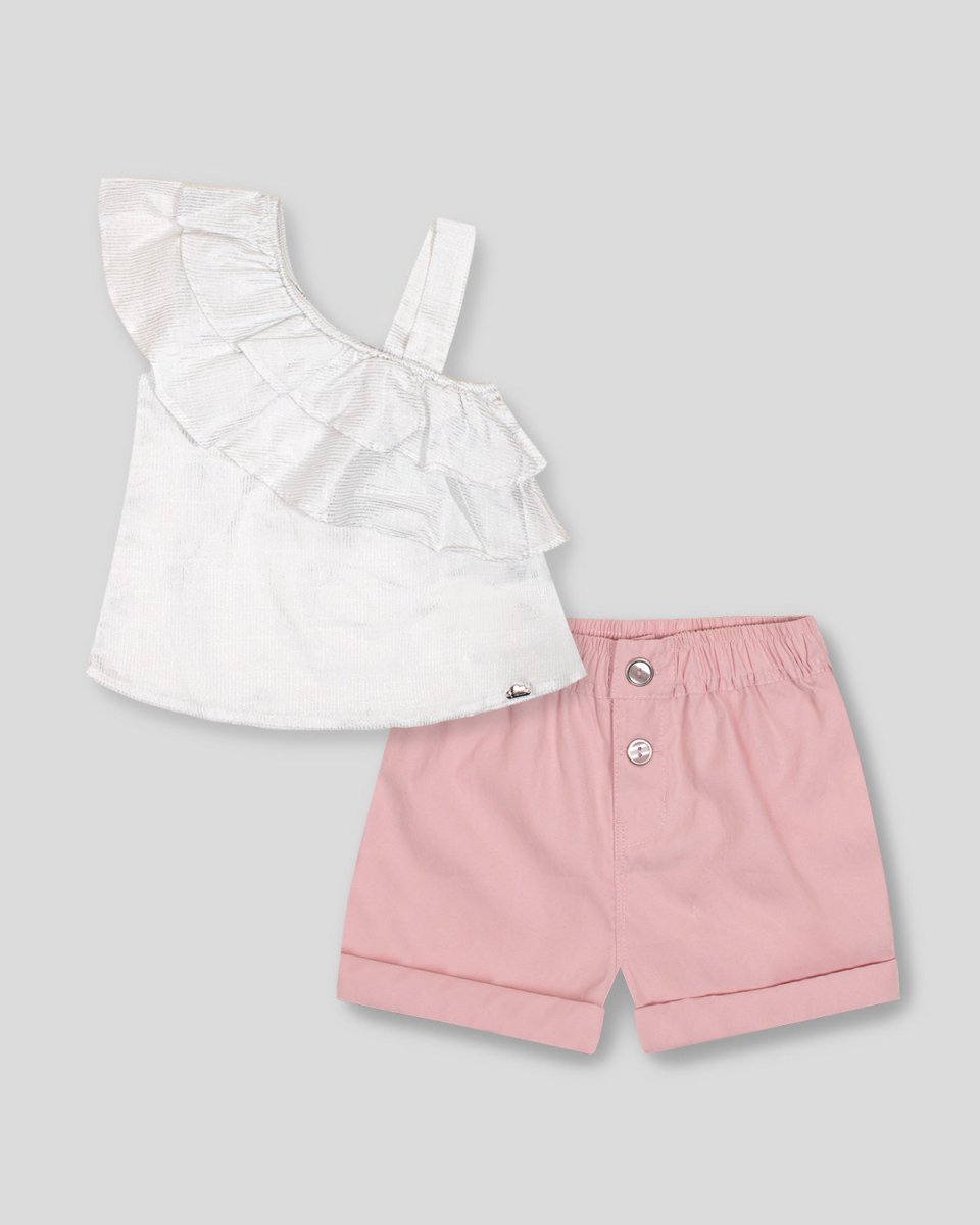 Conjunto blusa blanca con bolero cruzado y short rosado con botones plateados para niña - Cielito