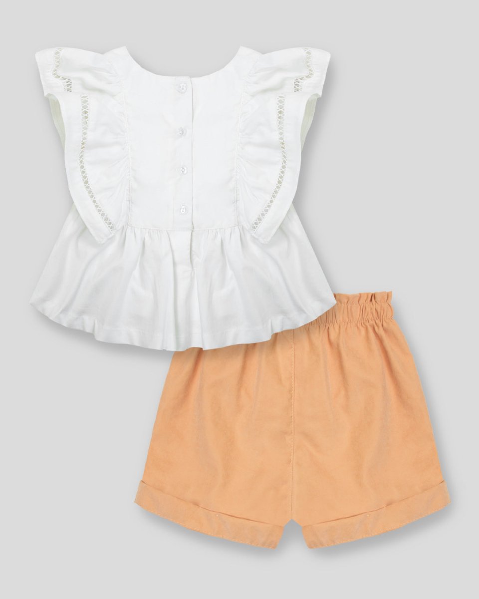 Conjunto blusa blanca con boleros y short naranja para niña - Cielito