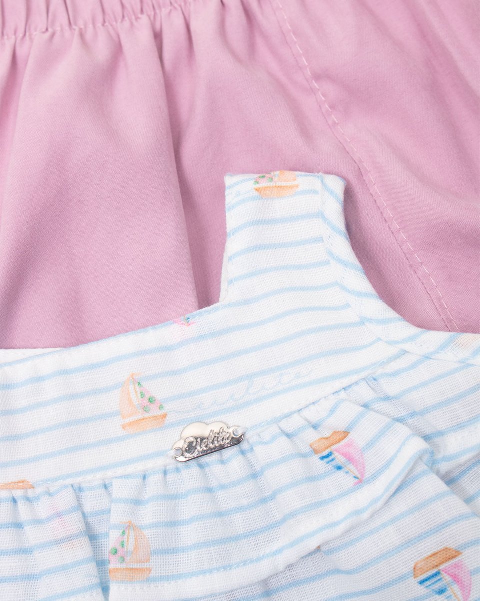 Conjunto blusa blanca de líneas azules con estampado y short rosado para bebé niña - Cielito