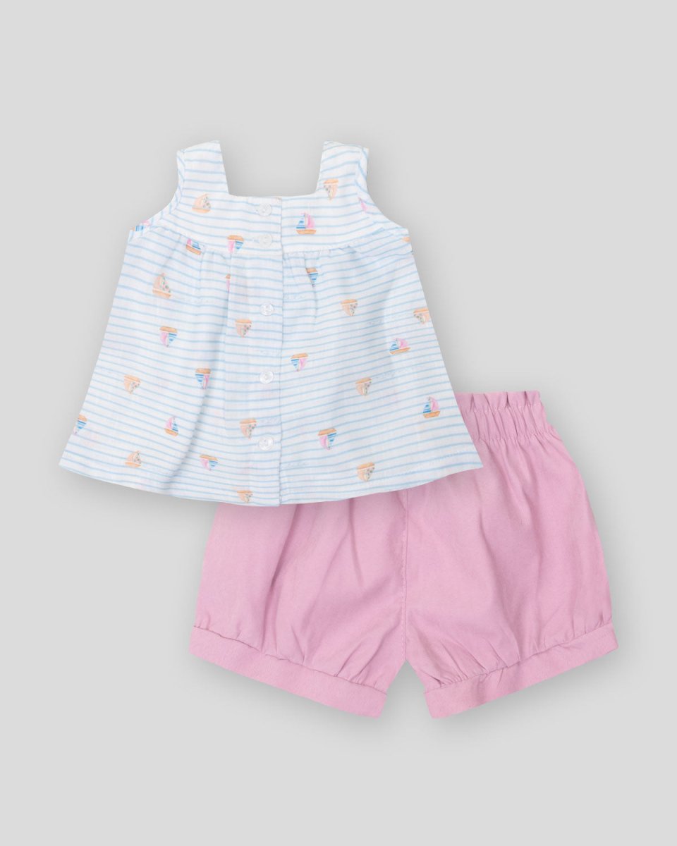 Conjunto blusa blanca de líneas azules con estampado y short rosado para bebé niña - Cielito