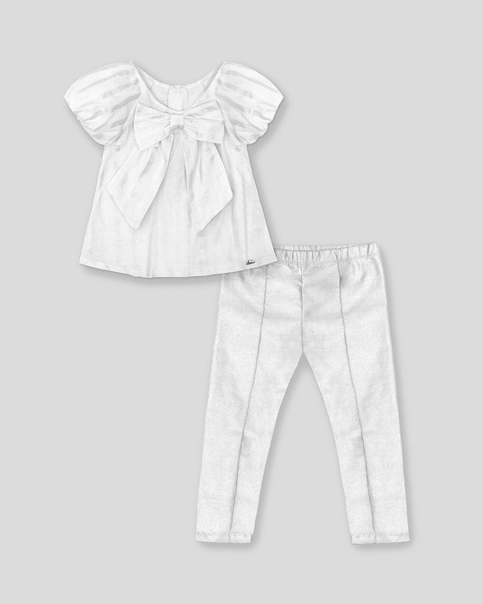 Conjunto Blusa blanca de lineas metalizadas con moño y leggins metalizado para niña - Cielito