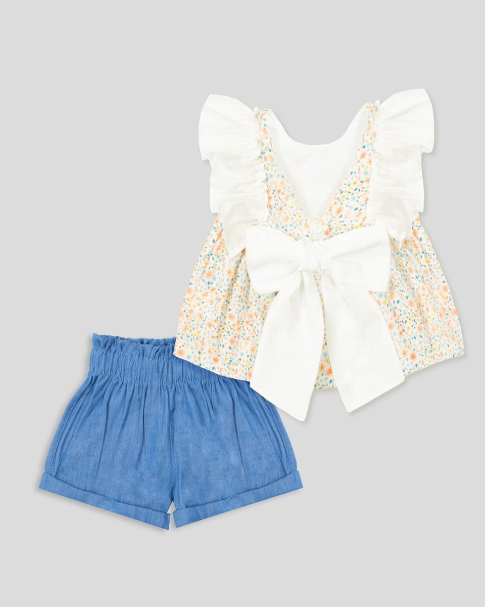 Conjunto blusa con boleros y estampado miniprint con short azul para bebé niña - Cielito