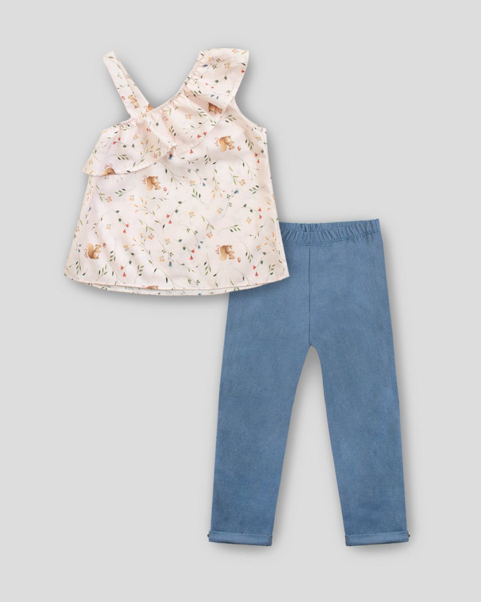 Conjunto Blusa rosa de flores con pantalón azul para niña - Cielito