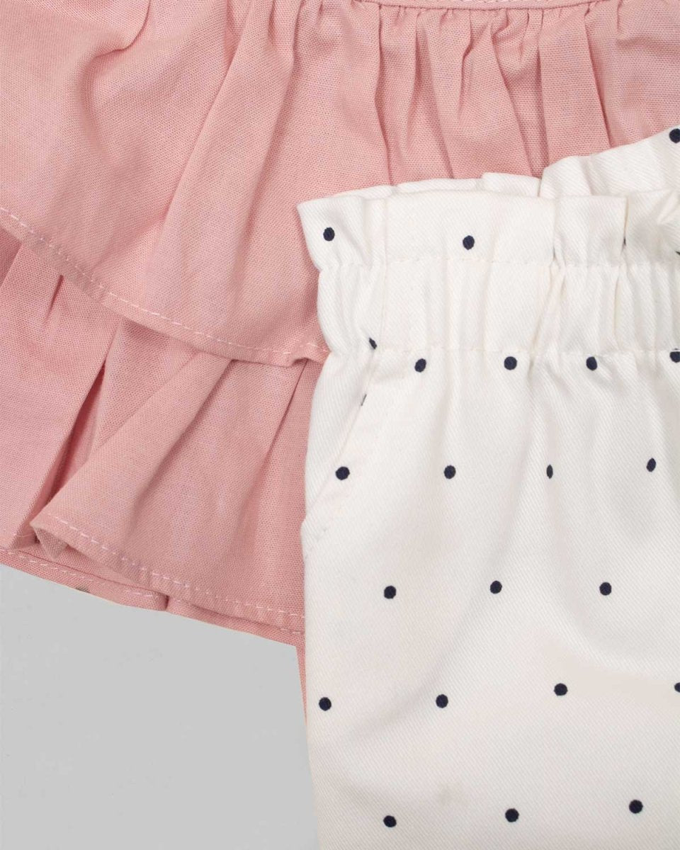 Conjunto blusa rosada con boleros, moño y pantalón blanco con puntos para bebe niña - Cielito