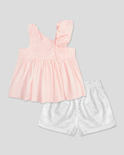 Conjunto blusa rosada de tiras, botonadura en costado y short estampado para niña - Cielito