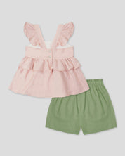 Conjunto blusa rosada de tiras con boleros, moño y short verde para niña - Cielito