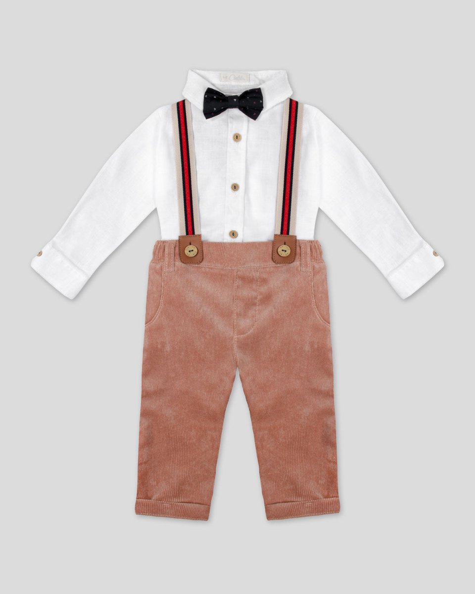 Conjunto camisa blanca manga larga tipo body con pantalón café y cargaderas para bebé niño - Cielito