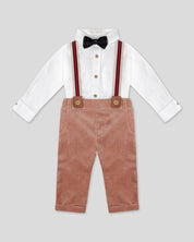 Conjunto camisa blanca manga larga tipo body con pantalón café y cargaderas para bebé niño - Cielito