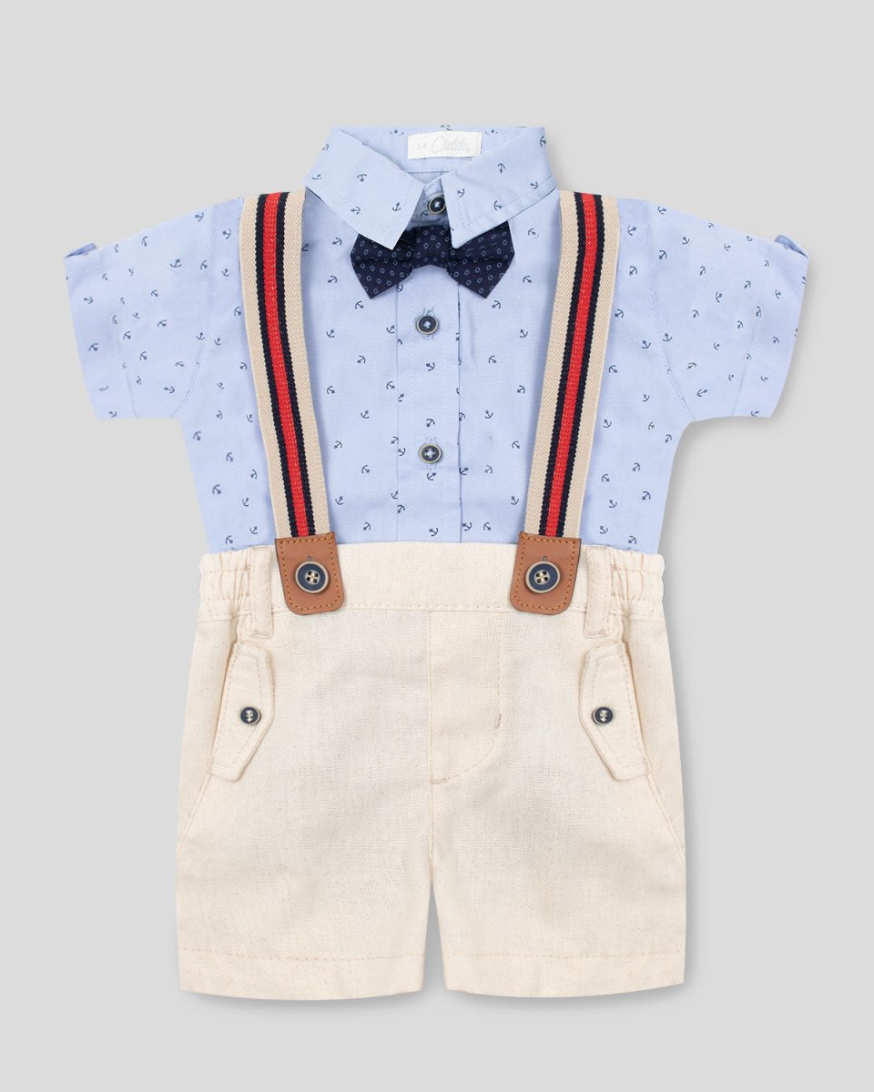 Conjunto camisa overol con estampado de ancla y short beige con moño para bebé niño - Cielito