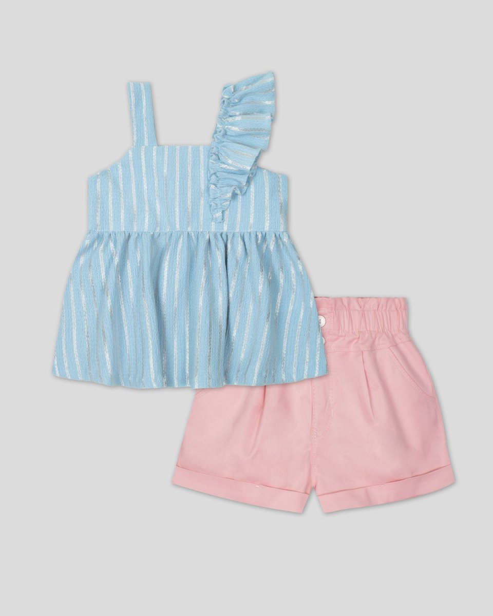 Conjunto de blusa azul con boleros y short rosado para niña - Cielito