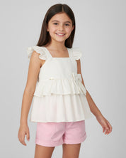 Conjunto de blusa blanca brillante de tiras en boleros y short para niña