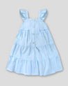 Vestido azul de tiras con boleros y botonadura para niña