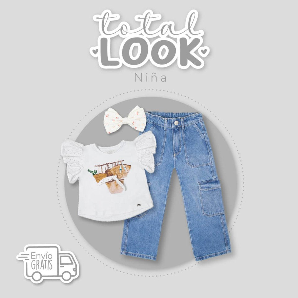 Total look con moño, camisa y jean para niña - Cielito