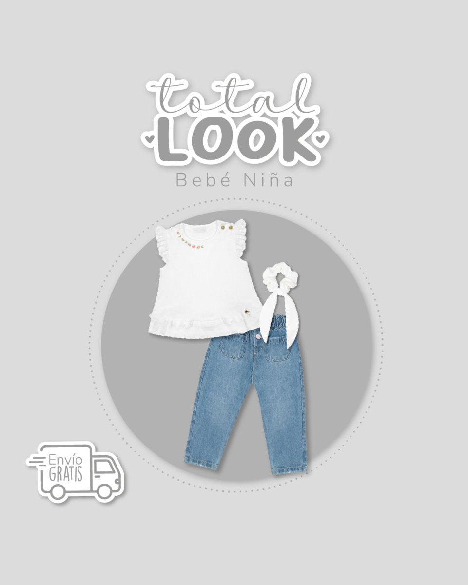 Total look con scrunchie, blusa y jean para bebé niña - Cielito