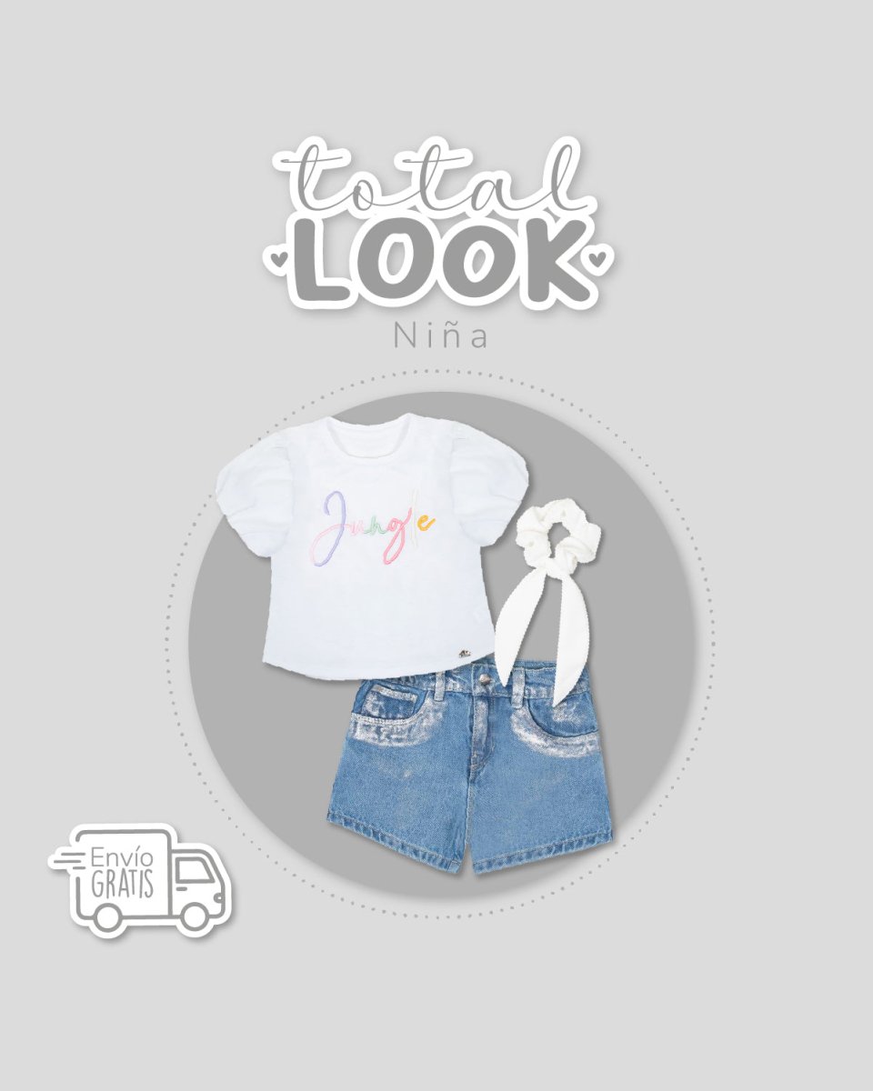 Total look con scrunchie, camisa y short para niña - Cielito