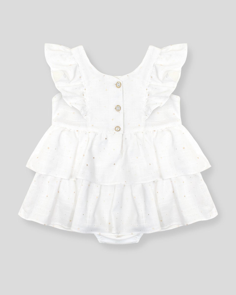 Vestido blanco con boleros y estrellas doradas para bebé niña - Cielito