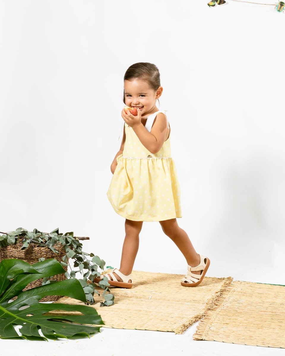 Vestido body amarillo de tiras con lunares blancos para bebé niña - Cielito