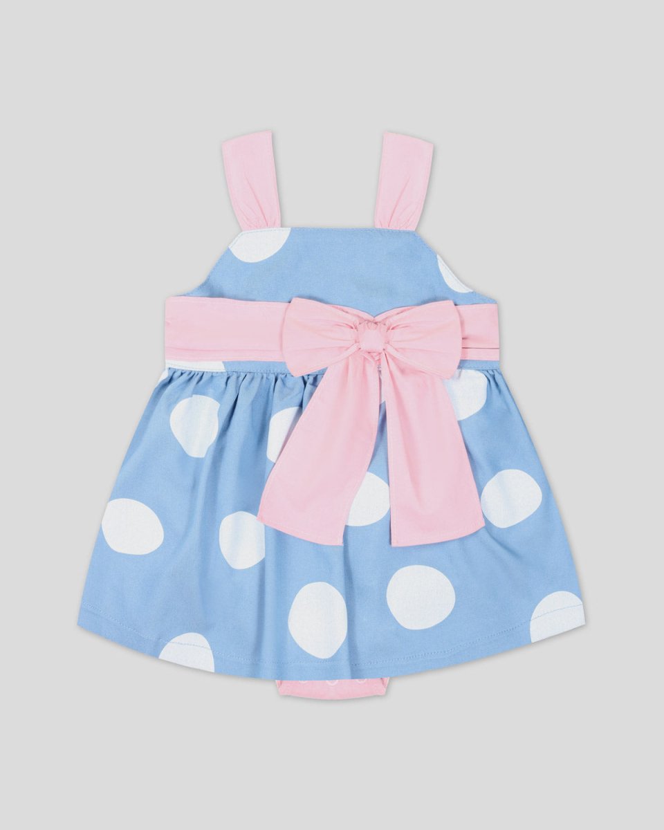 Vestido body azul estampado con tiras y cinturón rosa para bebé niña - Cielito