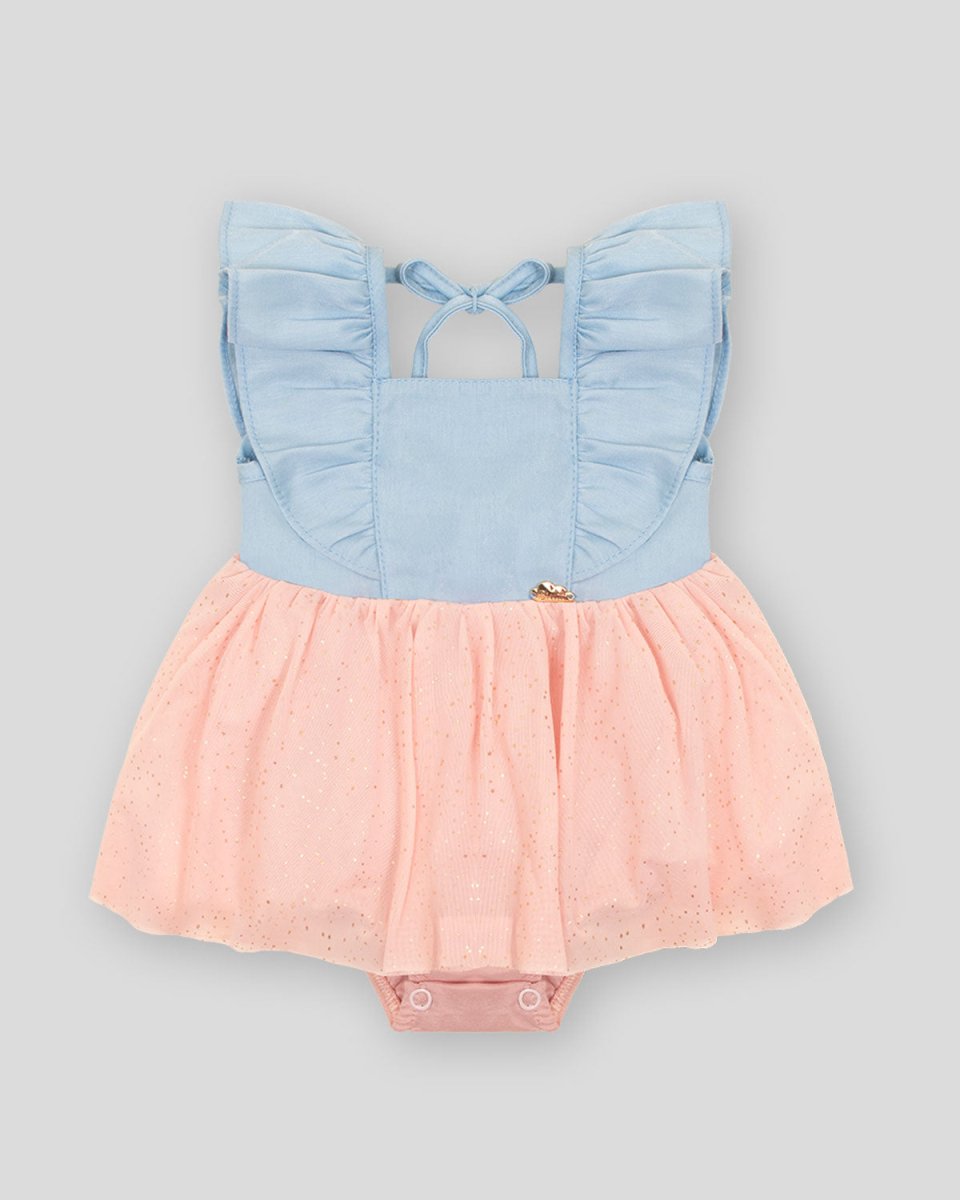 Vestido body azul y rosado con abertura en la espalda y boleros para bebé niña - Cielito