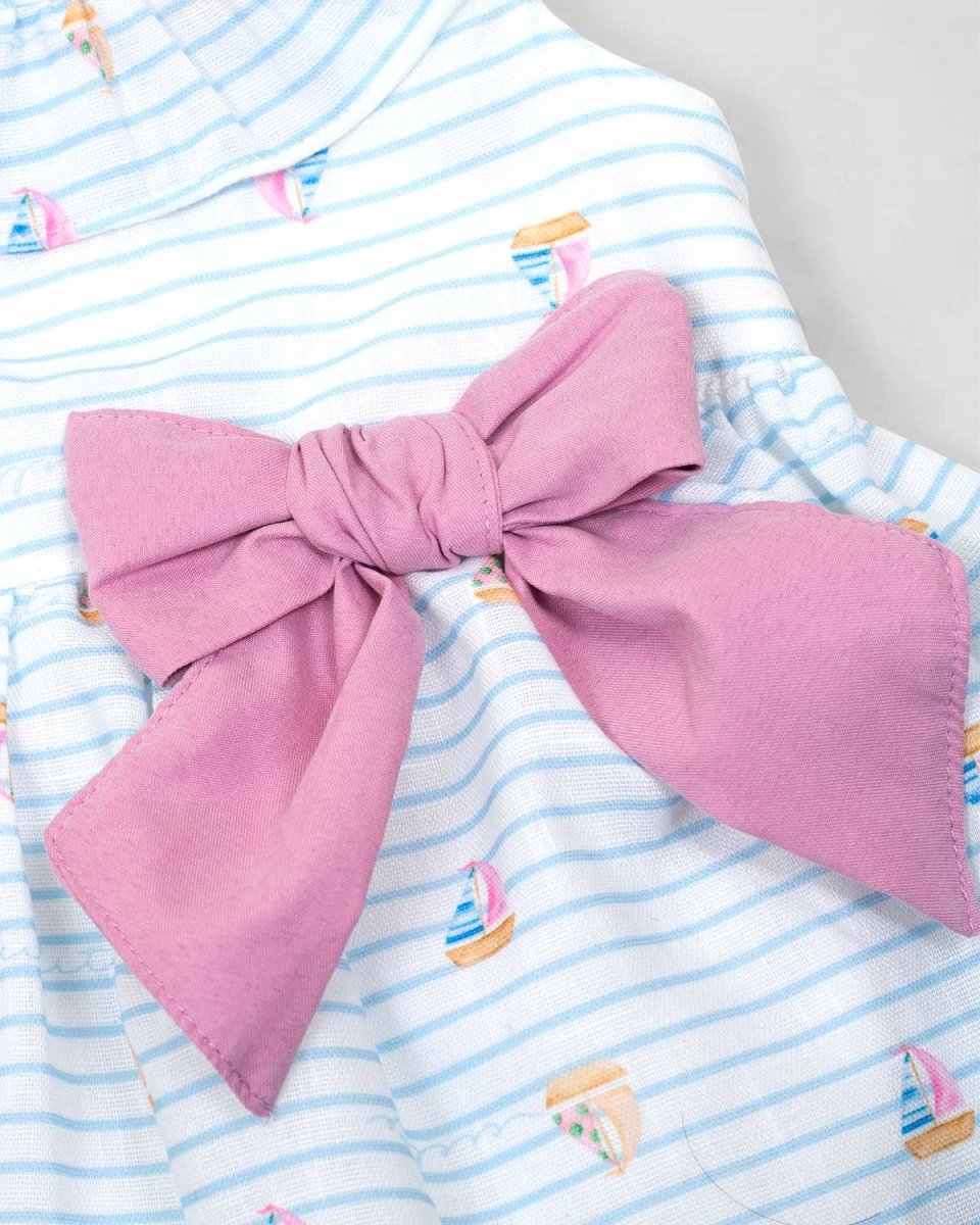 Vestido body blanco de líneas azules con moño rosa y boleros para bebé niña - Cielito