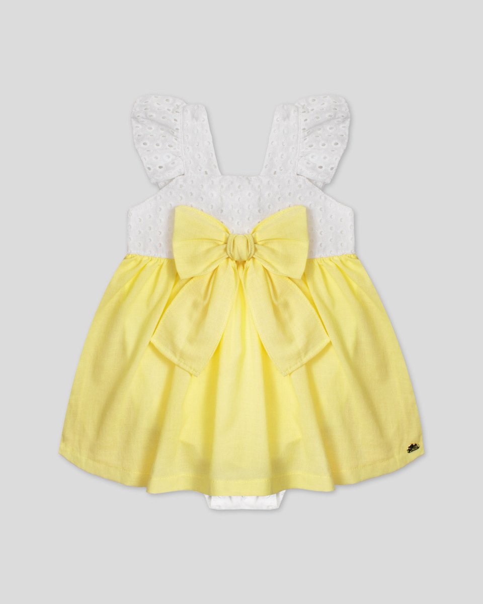 Vestido body blanco y amarillo con moño para bebé niña - Cielito