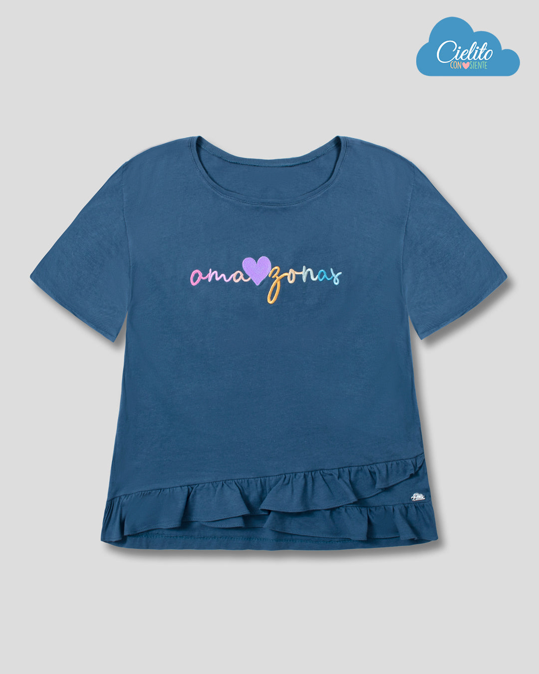 Camiseta azul con bordado¨amazonas¨ y bolero cruzado para niña